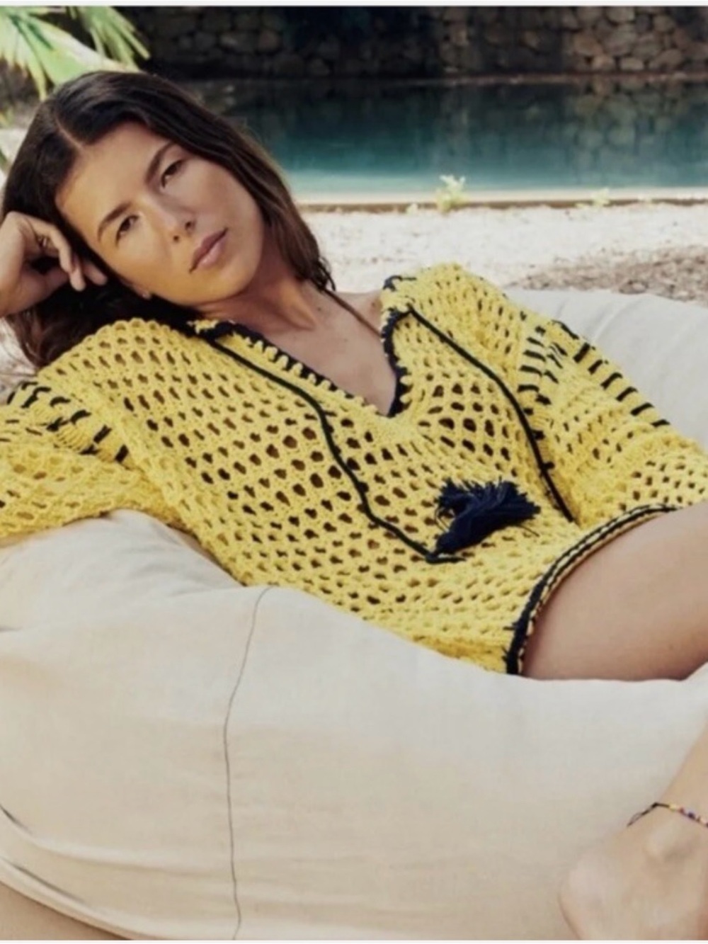 Zara Yellow Crochet V-Neck Swim Coverup with Black Trim